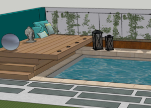 Piscine et plateforme bois dans petit jardin