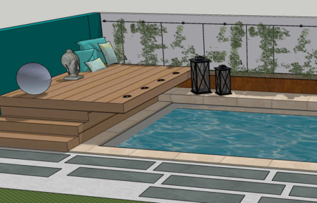 Piscine et plateforme bois dans petit jardin